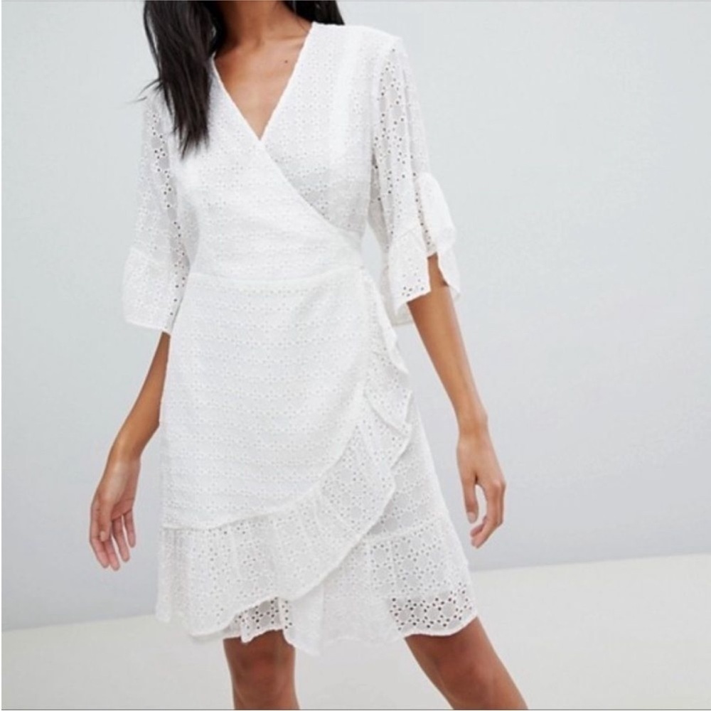 ALLSAINTS eyelet wrap white mini ruffle dress